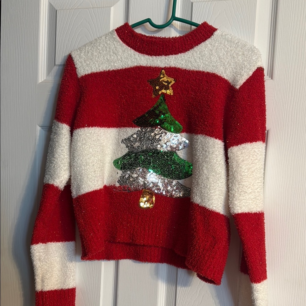 Poof! Red and White Striped Sweater with Sequin Tree